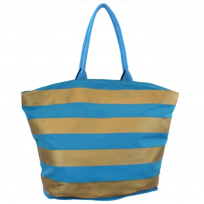 9205- TURQUOISE & GOLD STRIPES CANVAS TOTE BAG